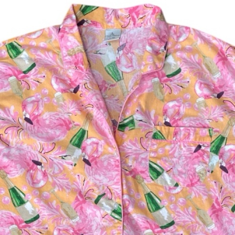 8 Oak Lane Flamingo Bubbly Long Sleeve Cotton Shorts Set Button-up Top Size L/XL - Picture 7 of 12